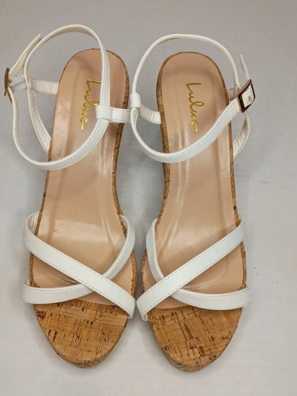 Lulus White Strappy Cork Look Wedge Sandals Women’s Size 8.5